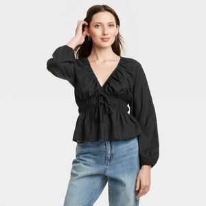 Women's Universal Thread Puff Long Sleeve Tie-Front Blouse NWOT ~ M